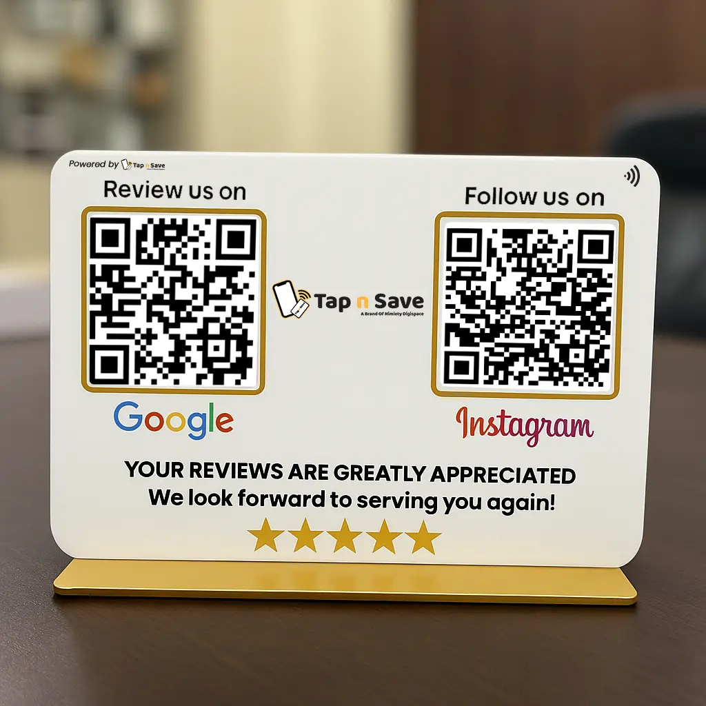 Custom Mirrored NFC Enabled Dual QR Standee| 2-in-1 Acrylic Tabletop Display (8x12 Inch)