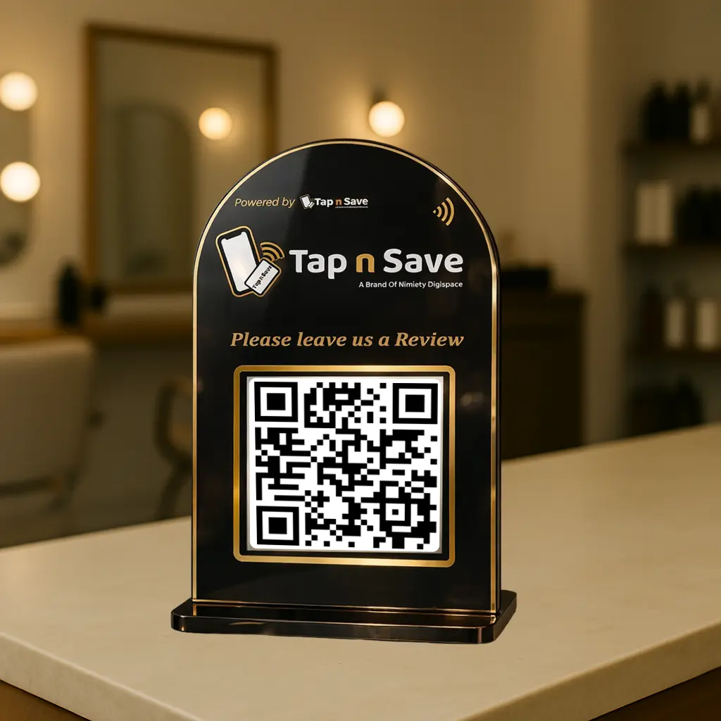 Black OneTap Acrylic Review Standee (4×6 Inch) | NFC & QR Enabled with Gold Border